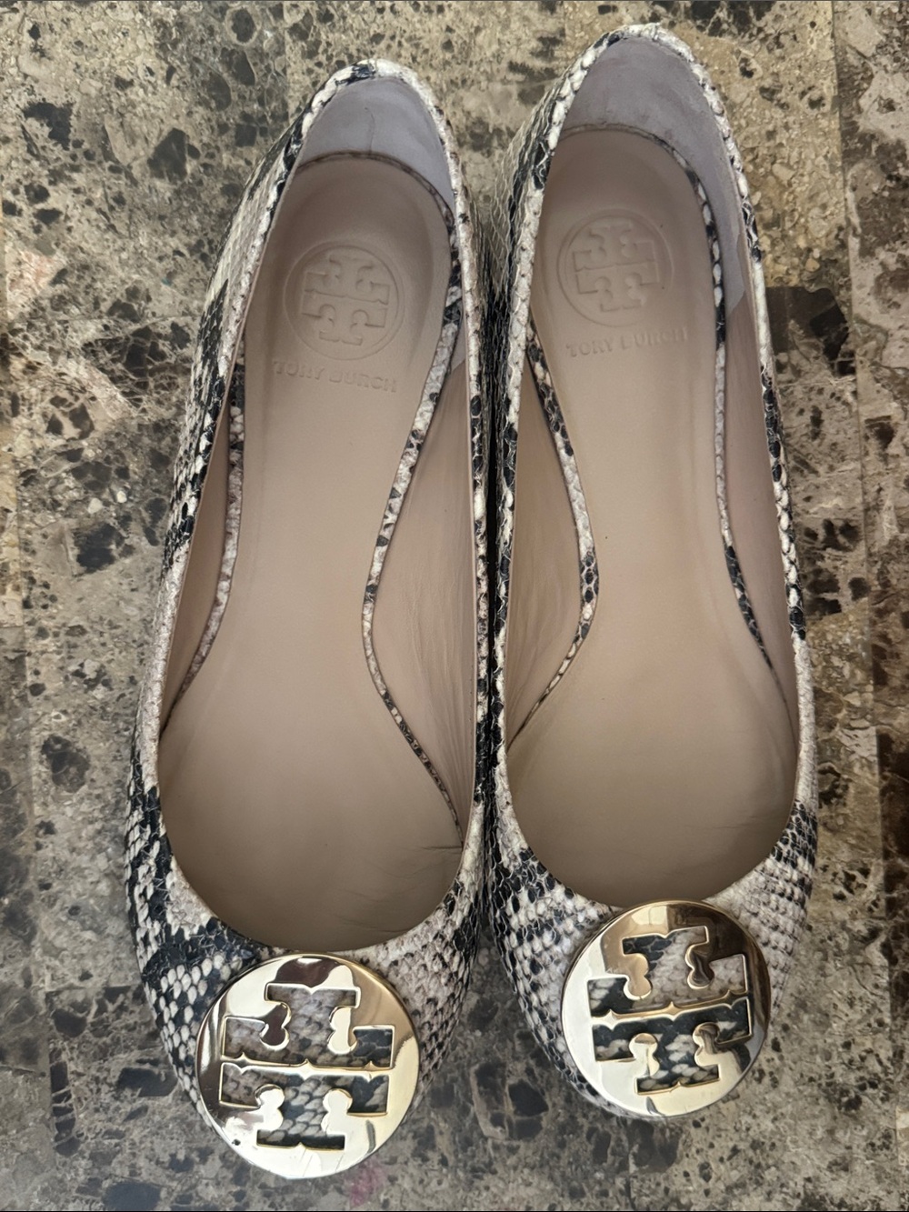 Tory Burch Snake-Print Reva Flats in Black and White with Gold Logo